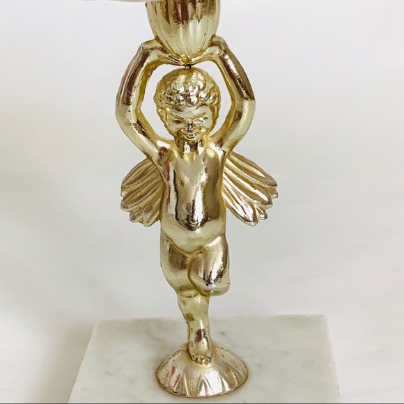 Vintage Milk Glass Dish w/Brass Cherub Marble Base - Picture 5 of 10